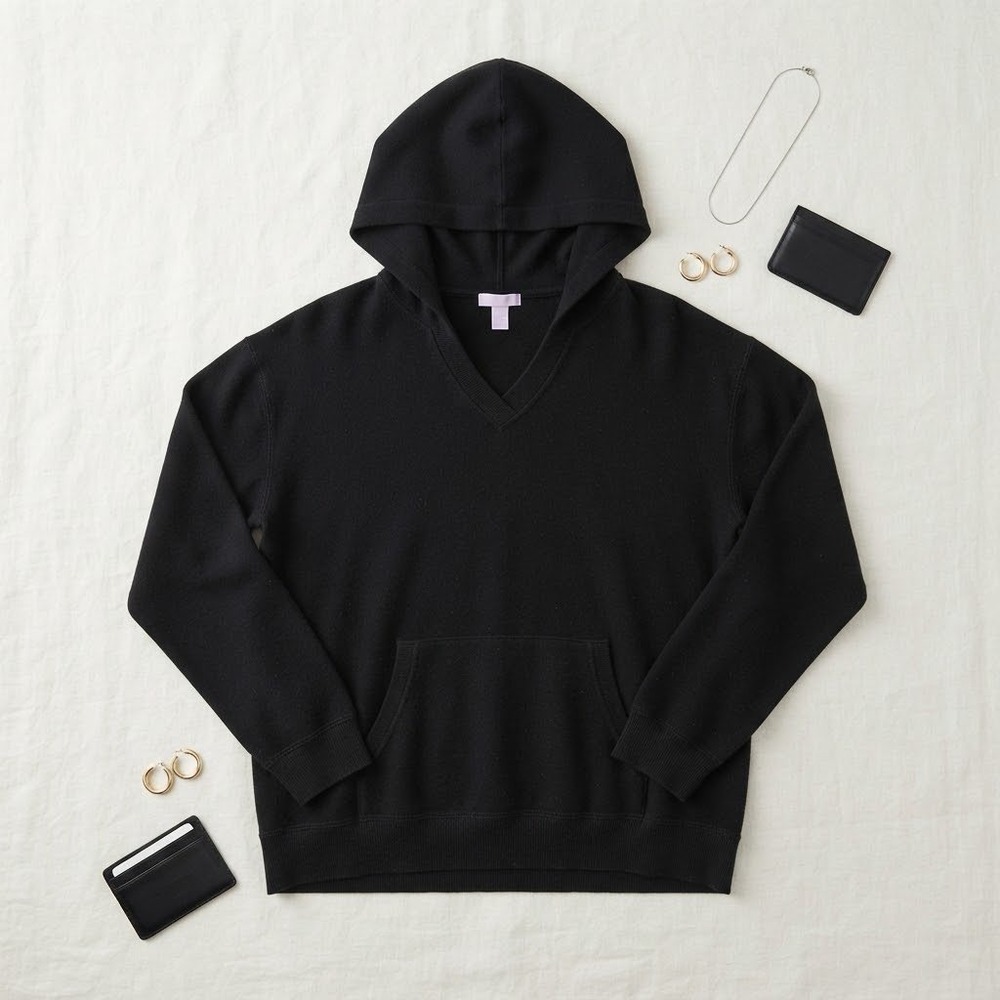 LAT V-Neck Hoodie Women XL Black Jersey Pullover Kangaroo Pocket Casual Basic
